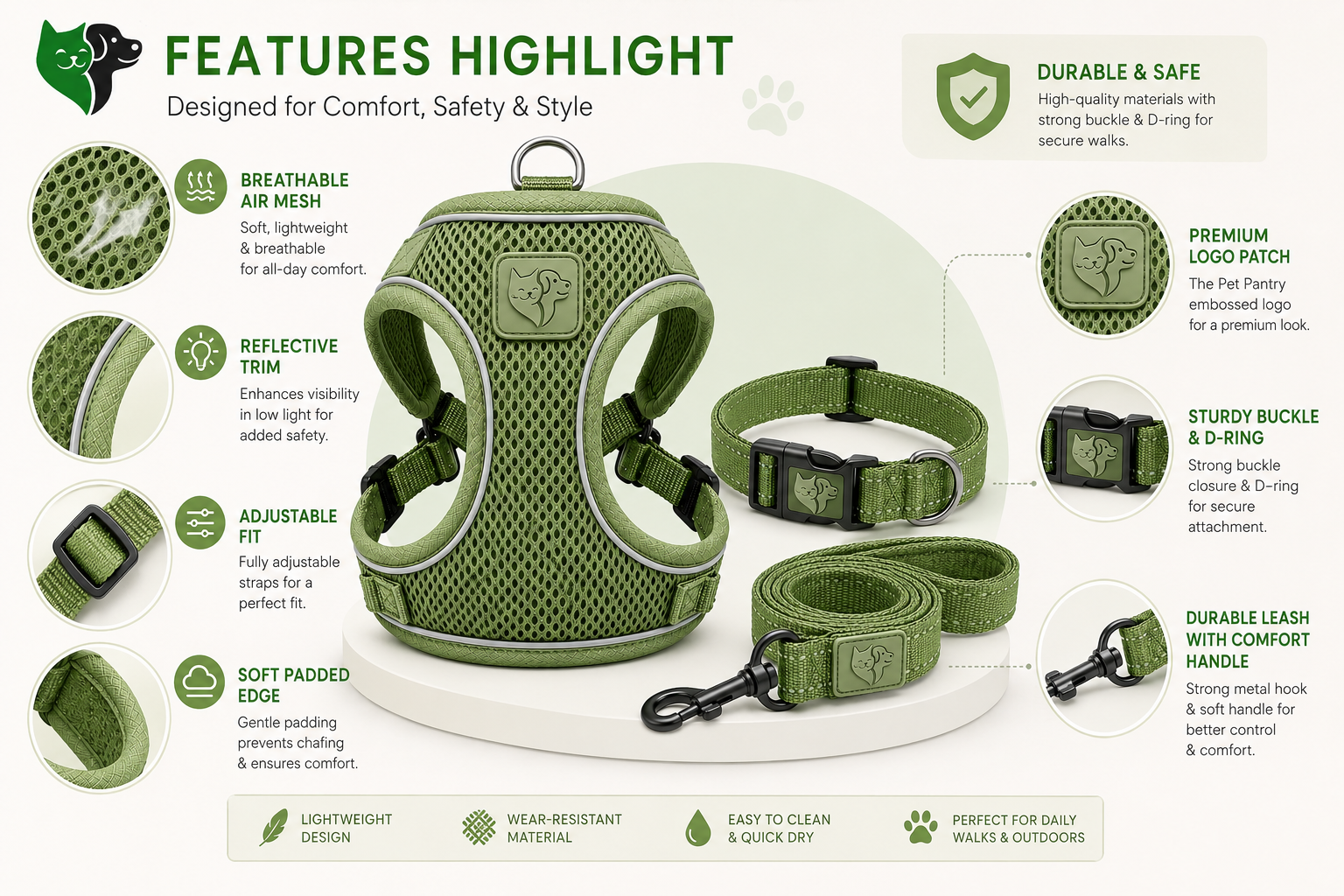 Premium Breathable Dog Vest Harness Set with Matching Collar & Lead