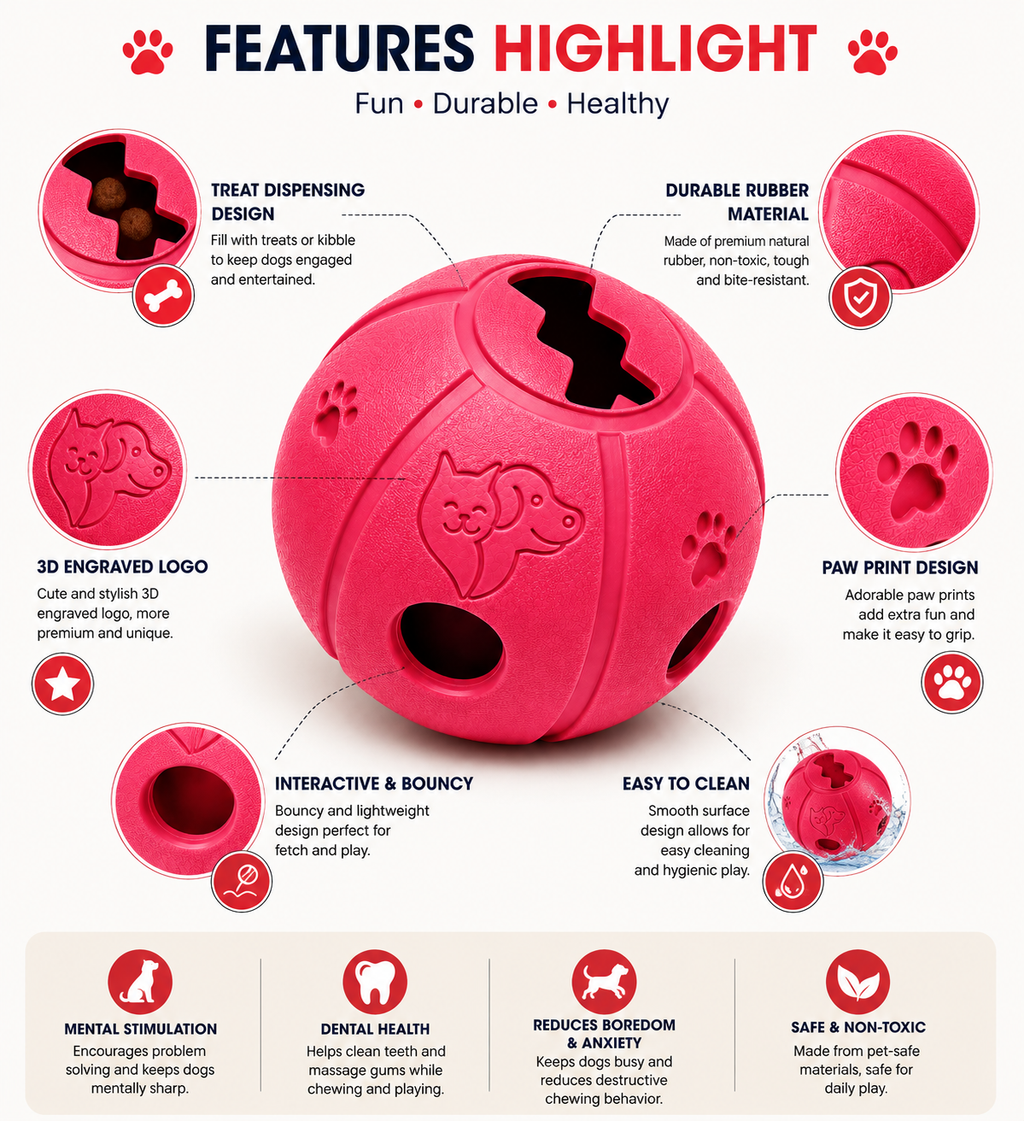 Durable Rubber Dog Treat Ball – Interactive Bouncy Chew Toy for Dogs