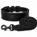 Genuine Leather Dog Collar & Leash Set – Braided Heavy Duty Lead