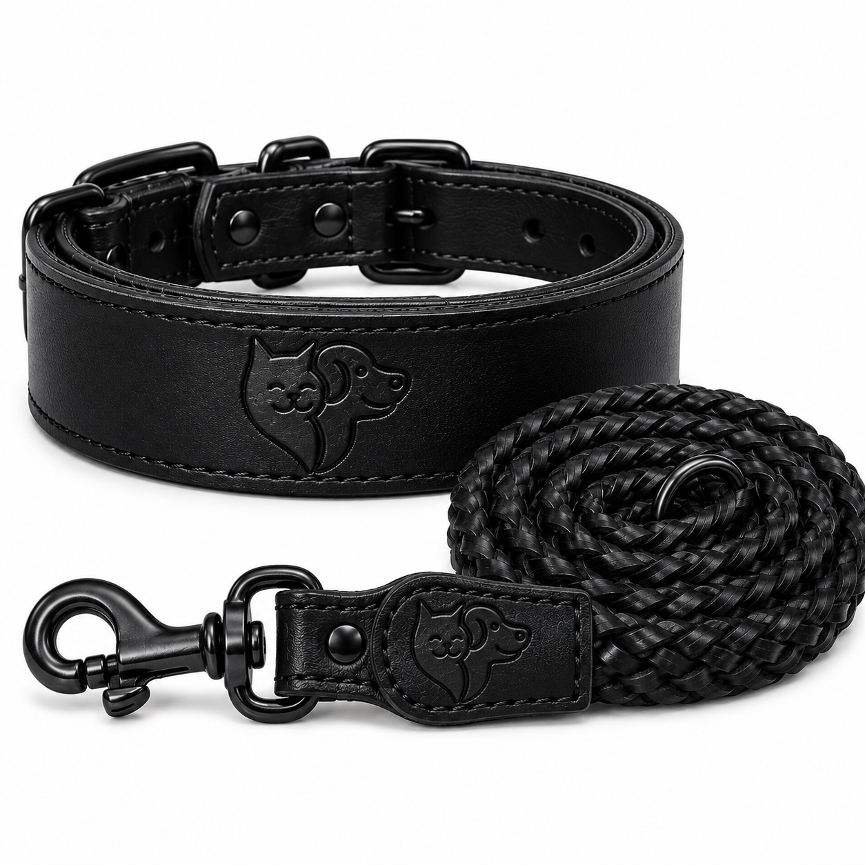 Genuine Leather Dog Collar & Leash Set – Braided Heavy Duty Lead