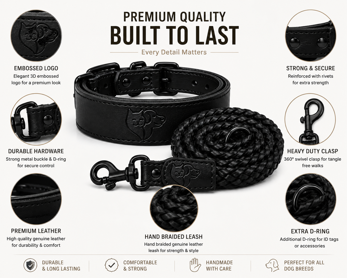 Genuine Leather Dog Collar & Leash Set – Braided Heavy Duty Lead