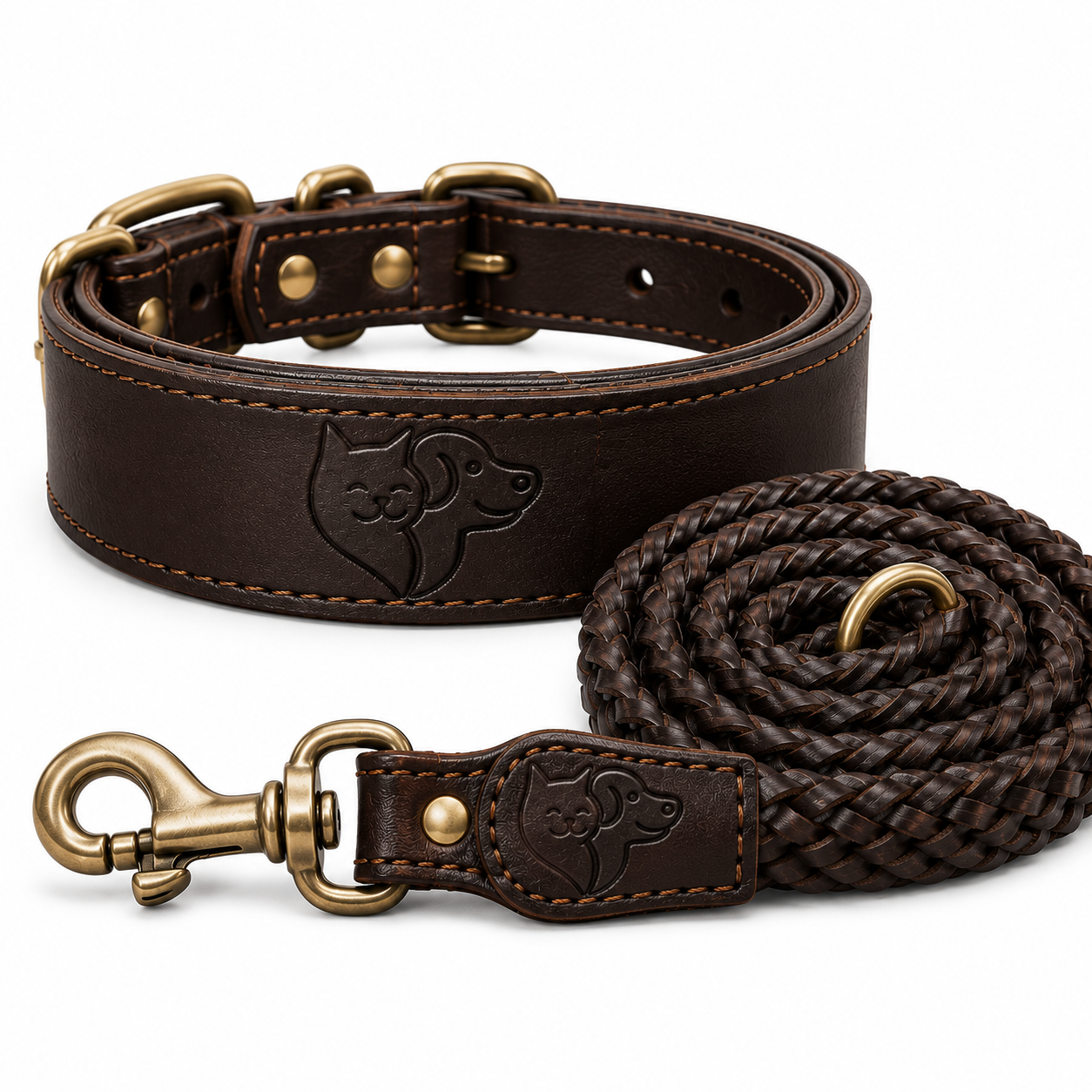 Genuine Leather Dog Collar & Leash Set – Braided Heavy Duty Lead