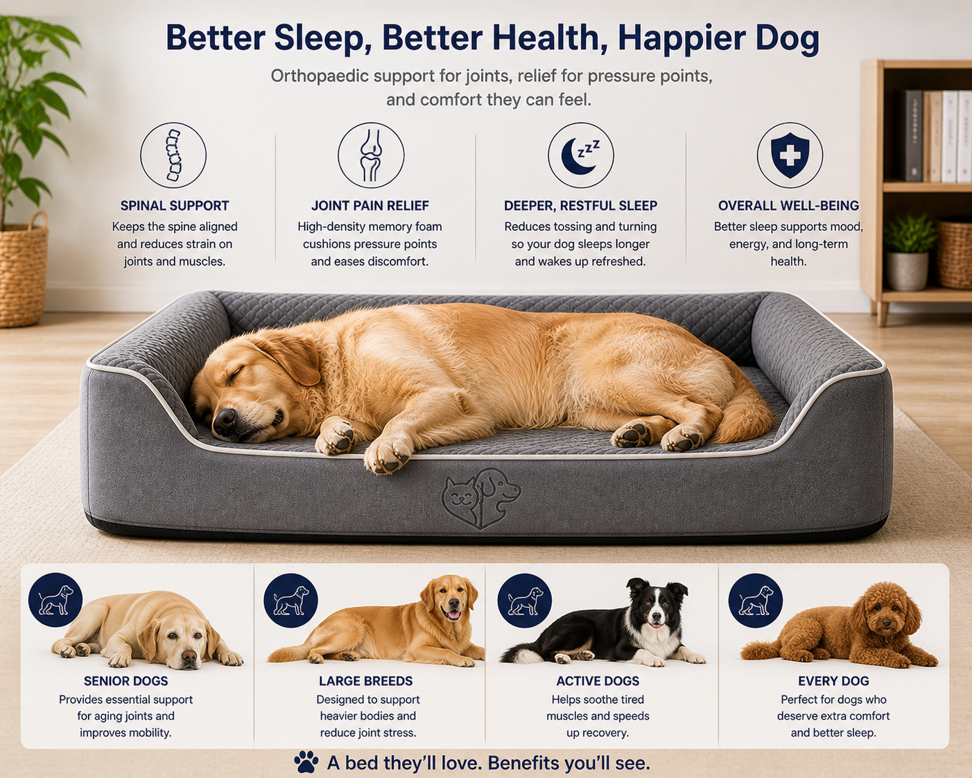 Premium Orthopaedic Memory Foam Dog Bed – Anti-Slip Base & Washable Cover (Large 90cm)