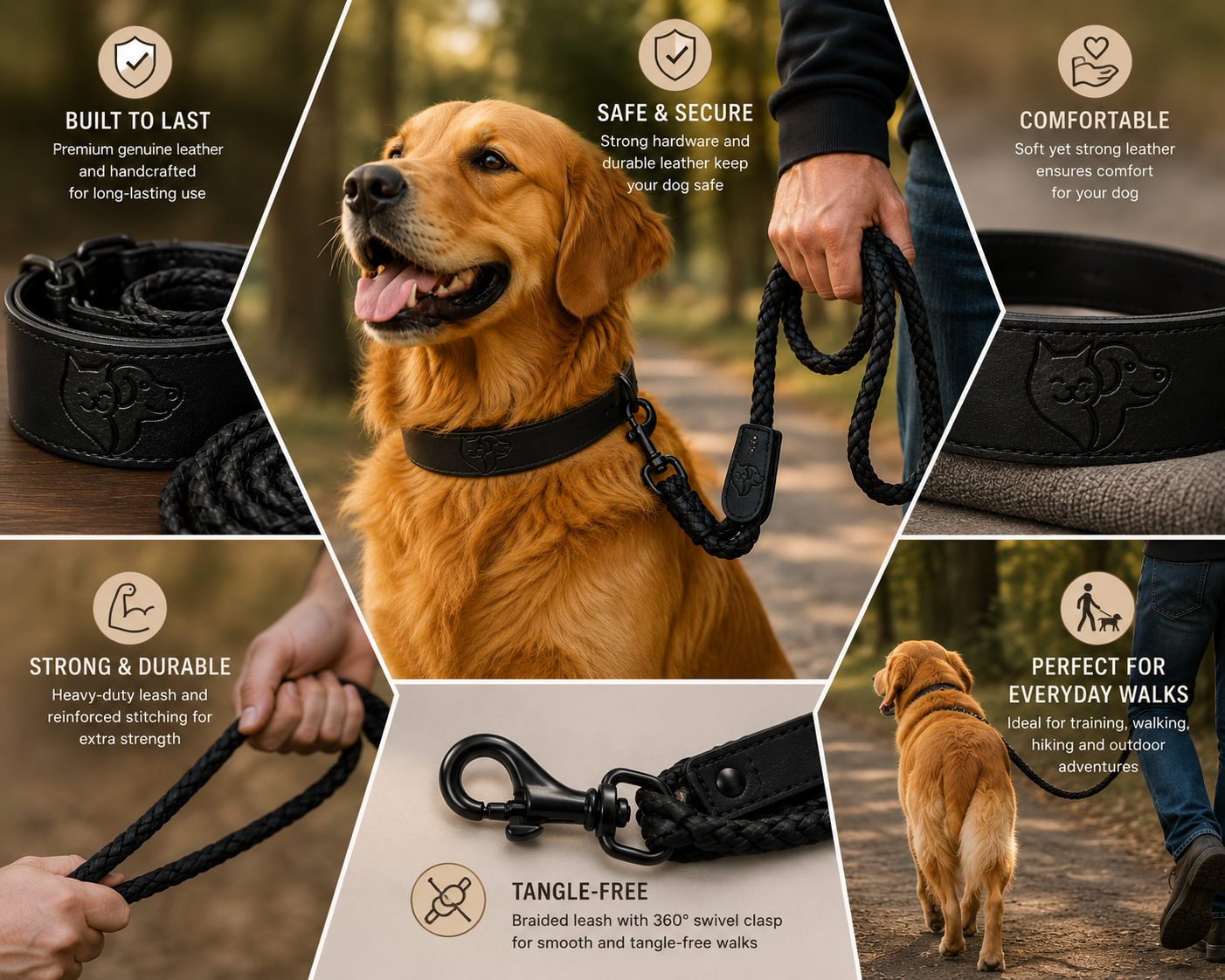 Genuine Leather Dog Collar & Leash Set – Braided Heavy Duty Lead