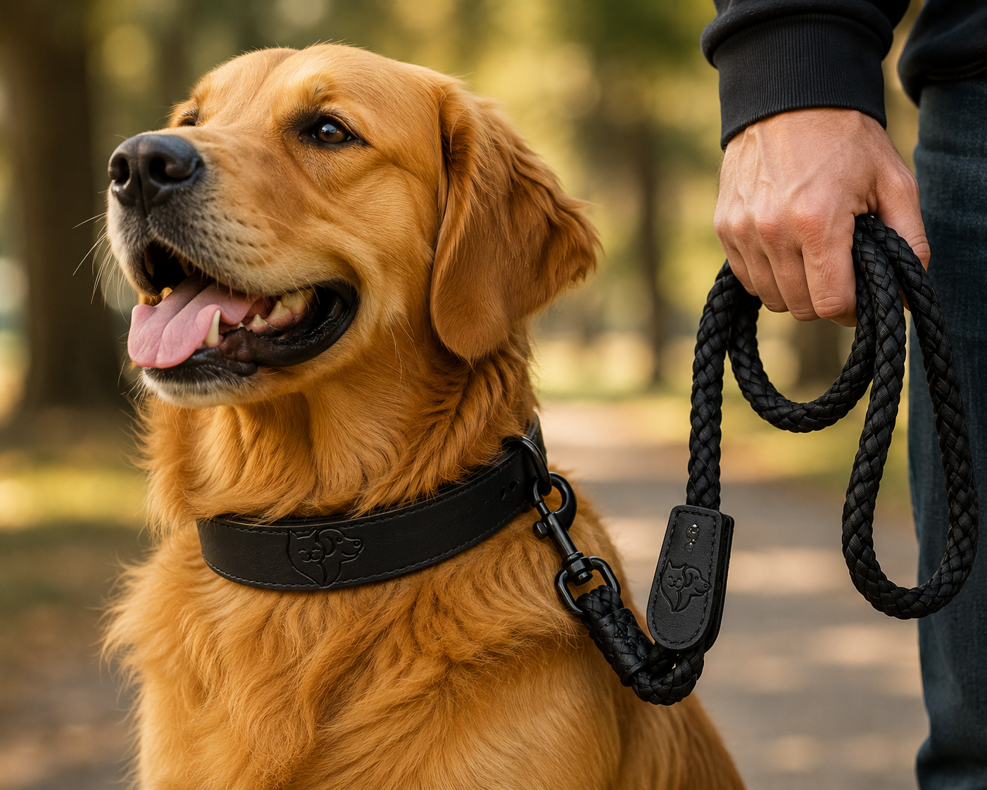 Genuine Leather Dog Collar & Leash Set – Braided Heavy Duty Lead