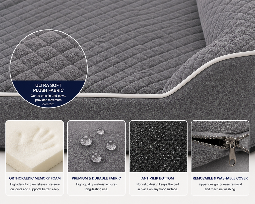 Premium Orthopaedic Memory Foam Dog Bed – Anti-Slip Base & Washable Cover (Large 90cm)