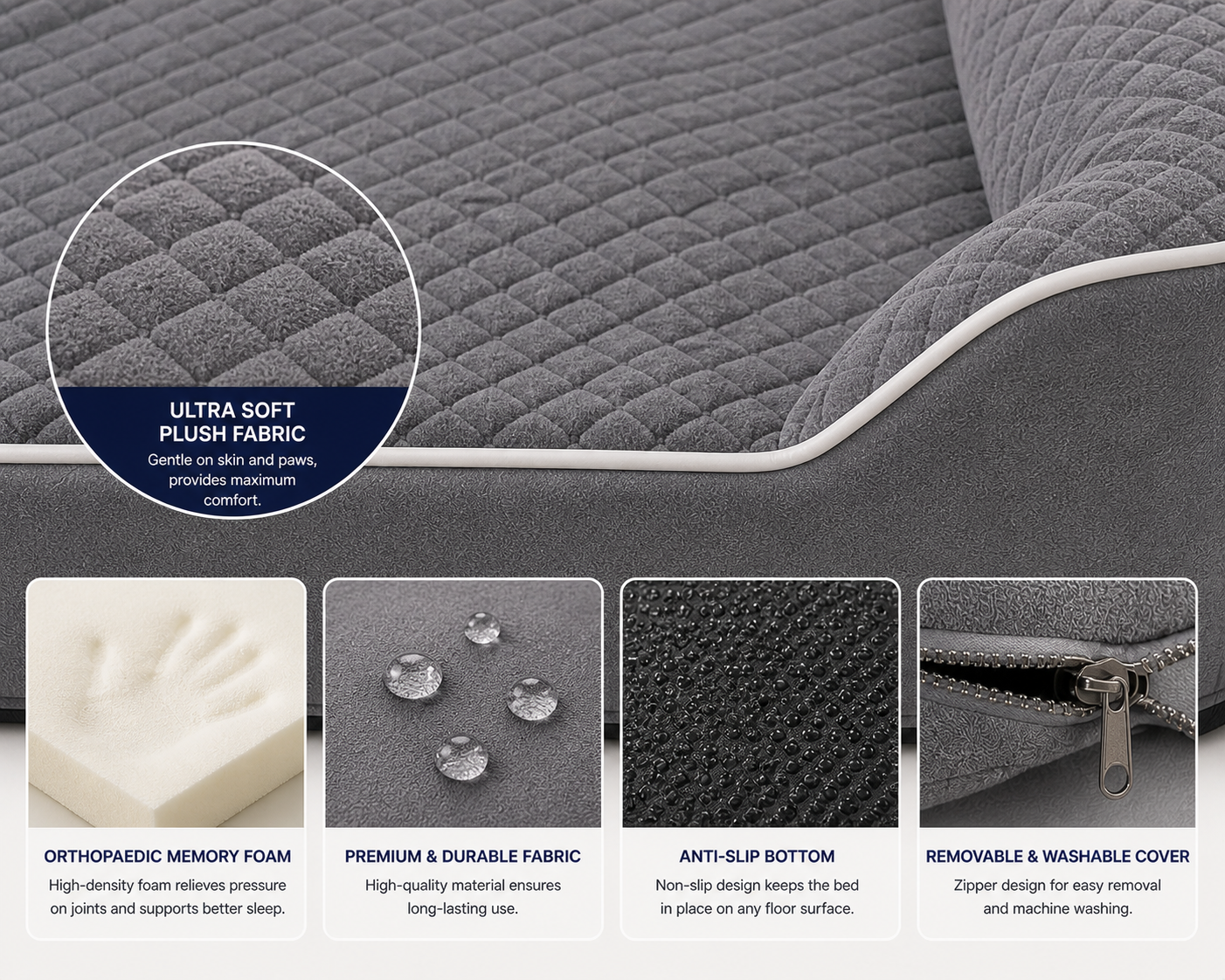 Premium Orthopaedic Memory Foam Dog Bed – Anti-Slip Base & Washable Cover (Large 90cm)