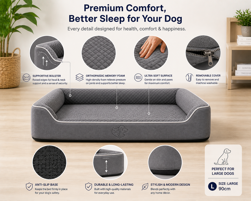 Premium Orthopaedic Memory Foam Dog Bed – Anti-Slip Base & Washable Cover (Large 90cm)