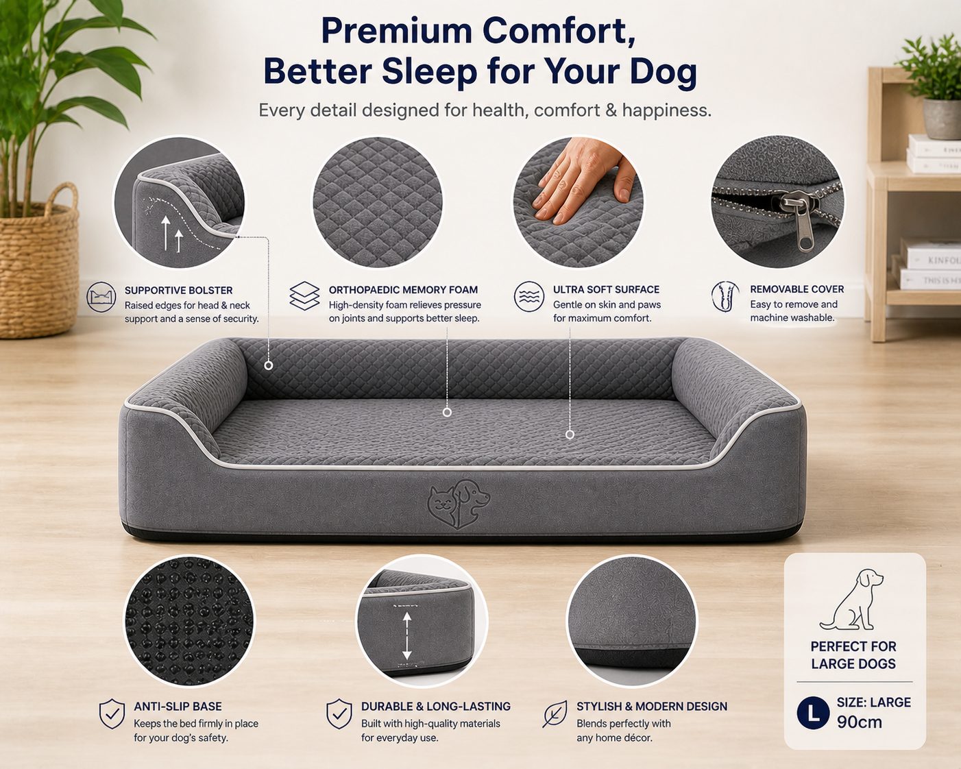 Premium Orthopaedic Memory Foam Dog Bed – Anti-Slip Base & Washable Cover (Large 90cm)
