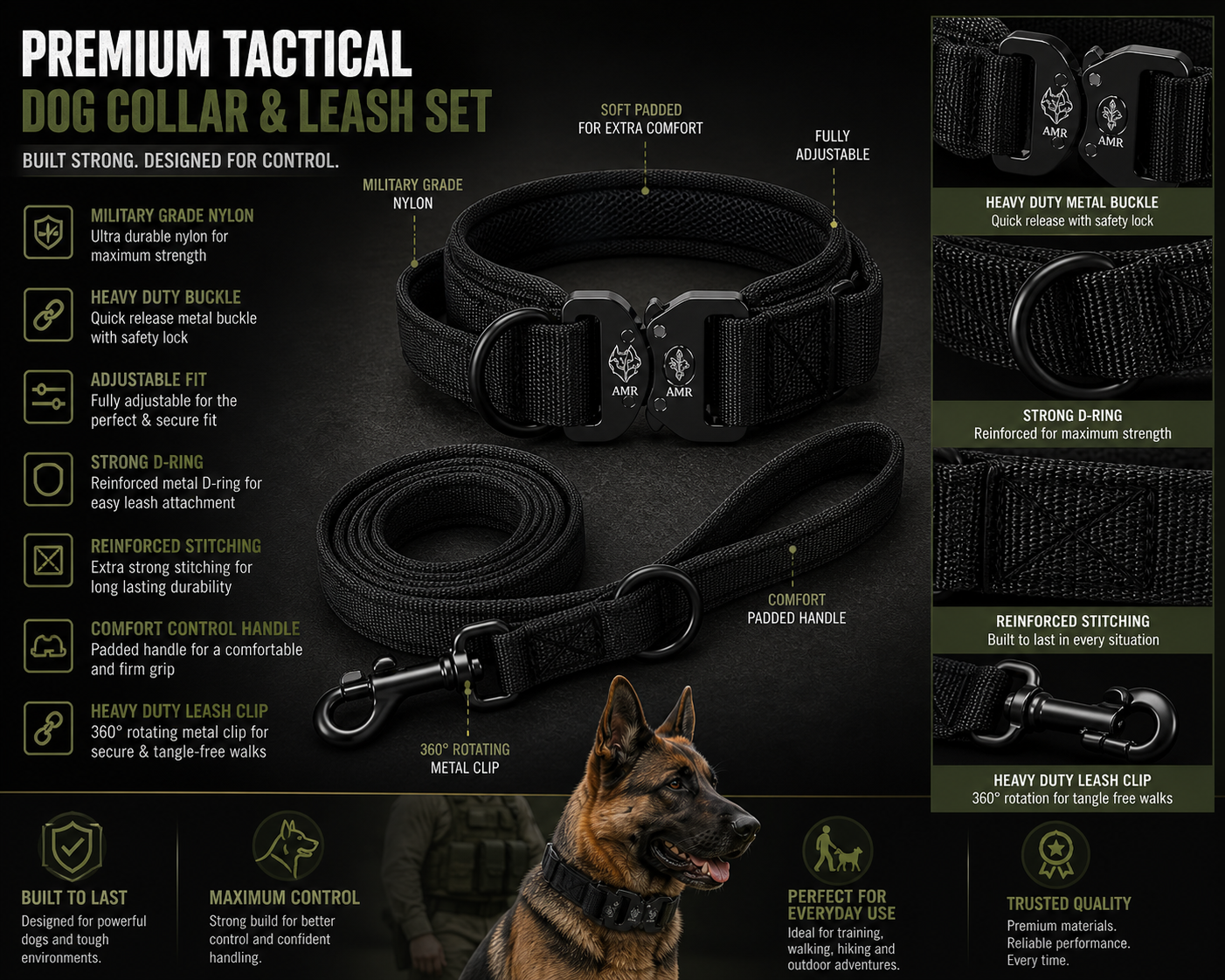 Premium Tactical Dog Collar & Leash Set – Military Style, Strong & Adjustable Nylon