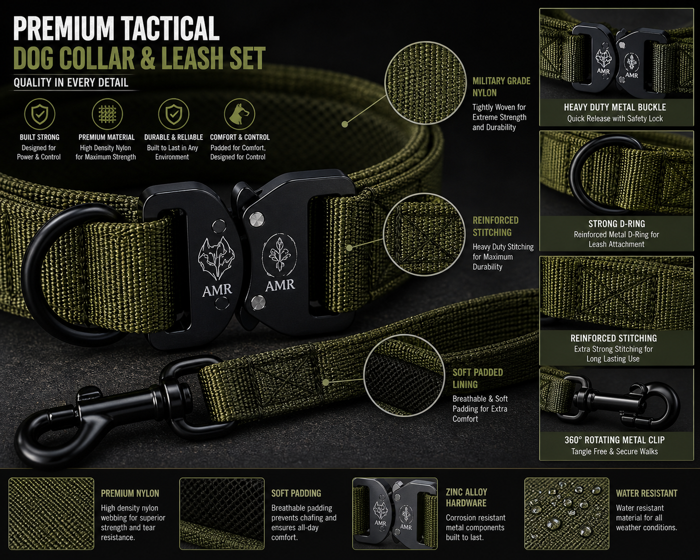 Premium Tactical Dog Collar & Leash Set – Military Style, Strong & Adjustable Nylon