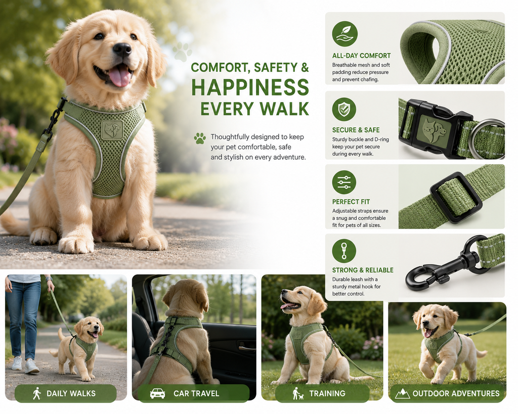 Premium Breathable Dog Vest Harness Set with Matching Collar & Lead